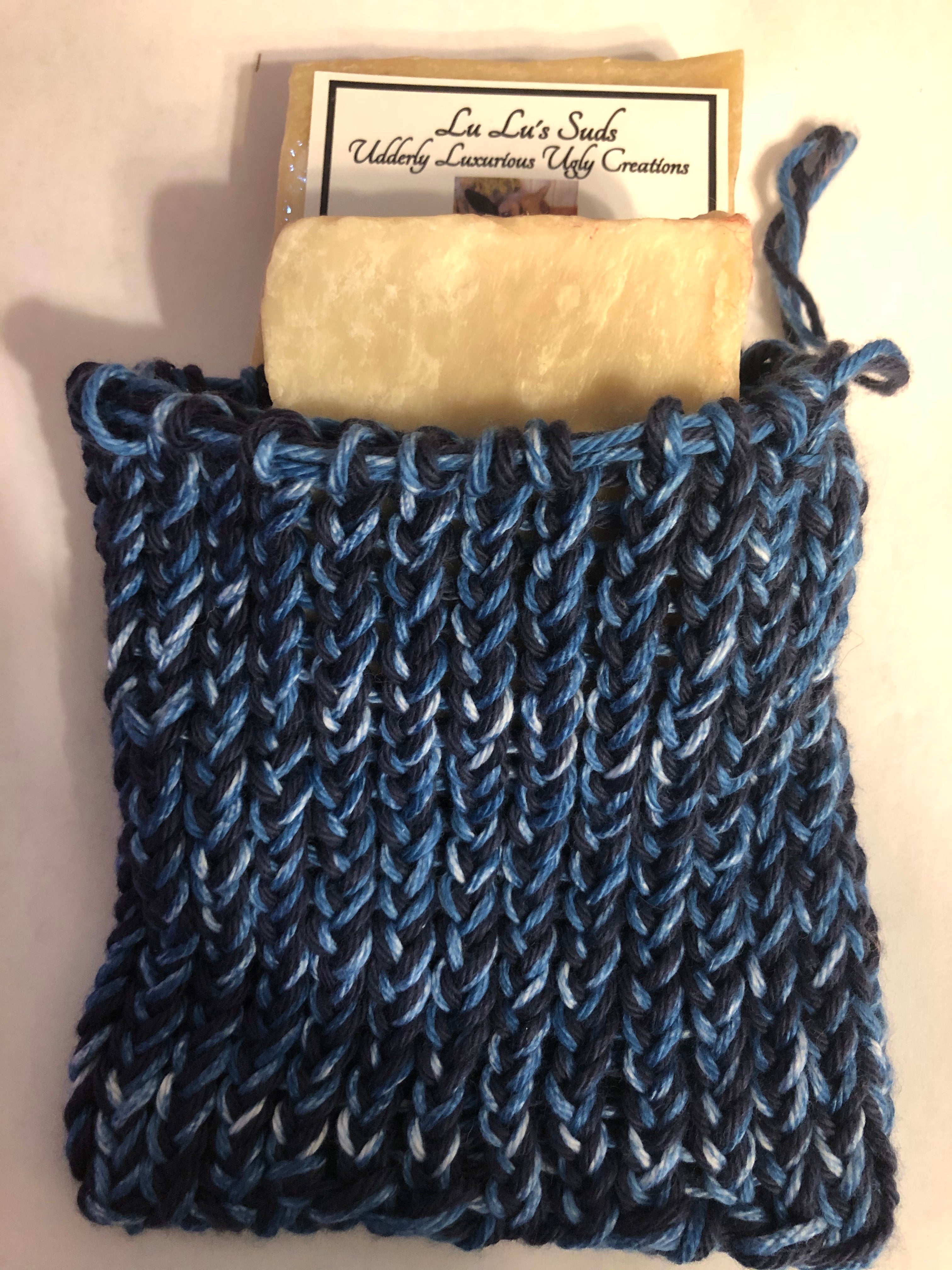 Soap Bag 100% Cotton Hand Knitted Dark Denim & Denim Blue
